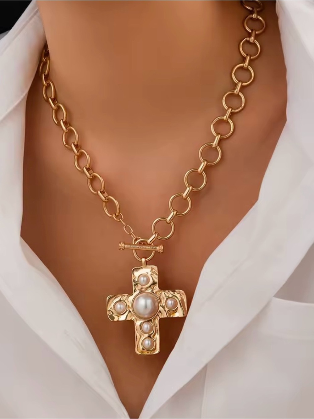Gold Pearl Cross Pendant Statement Necklace - Unbranded